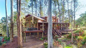 A wooden cabin with a deck and stairs, surrounded by trees. - Manna Gum - Base of Buller (Sawmill Settlement)