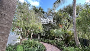 A garden pathway surrounded by lush greenery and palm trees. - Modern Abode 3 miles from beach  (Lake Worth Beach)