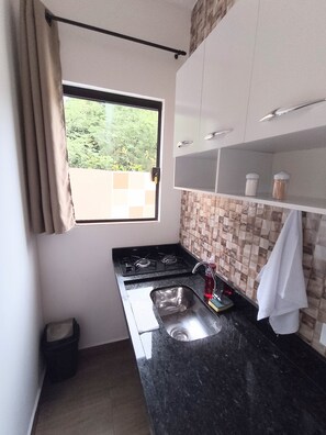 Fridge, microwave, stovetop, cookware/dishes/utensils