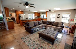 Smart TV, fireplace, foosball, books