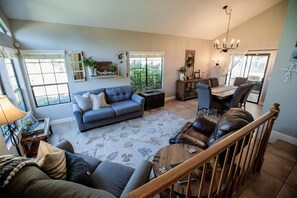 Smart TV, fireplace, foosball, books