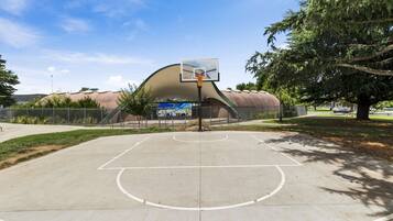 An outdoor basketball court with a hoop, surrounded by trees and a fence.