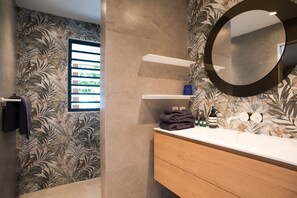 Shower, hair dryer, towels