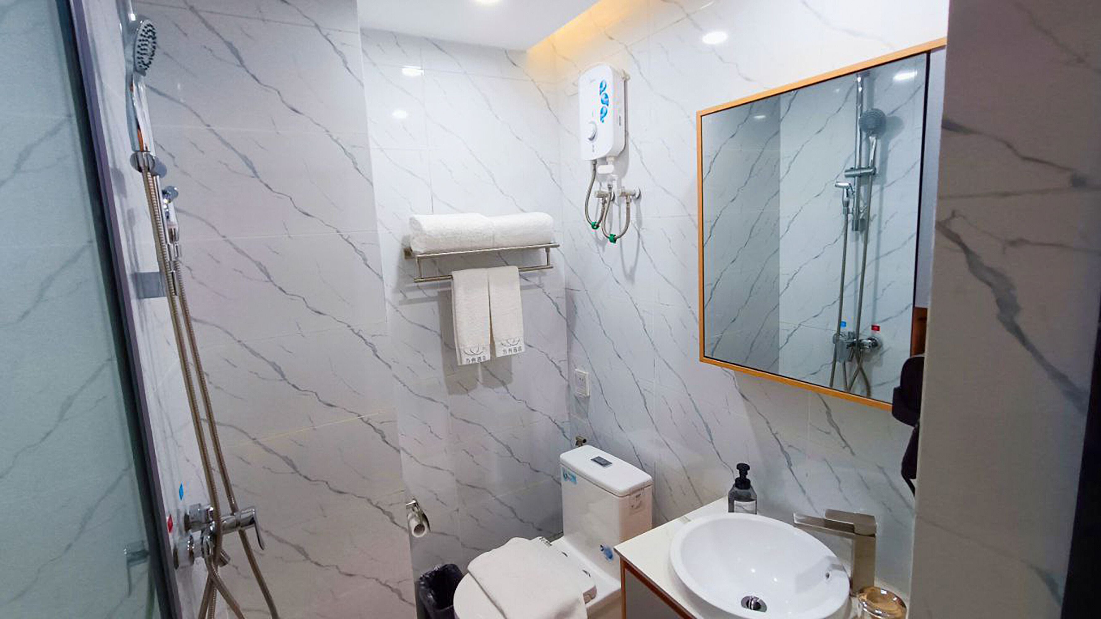 shower, rainfall showerhead, hair dryer, bathrobes