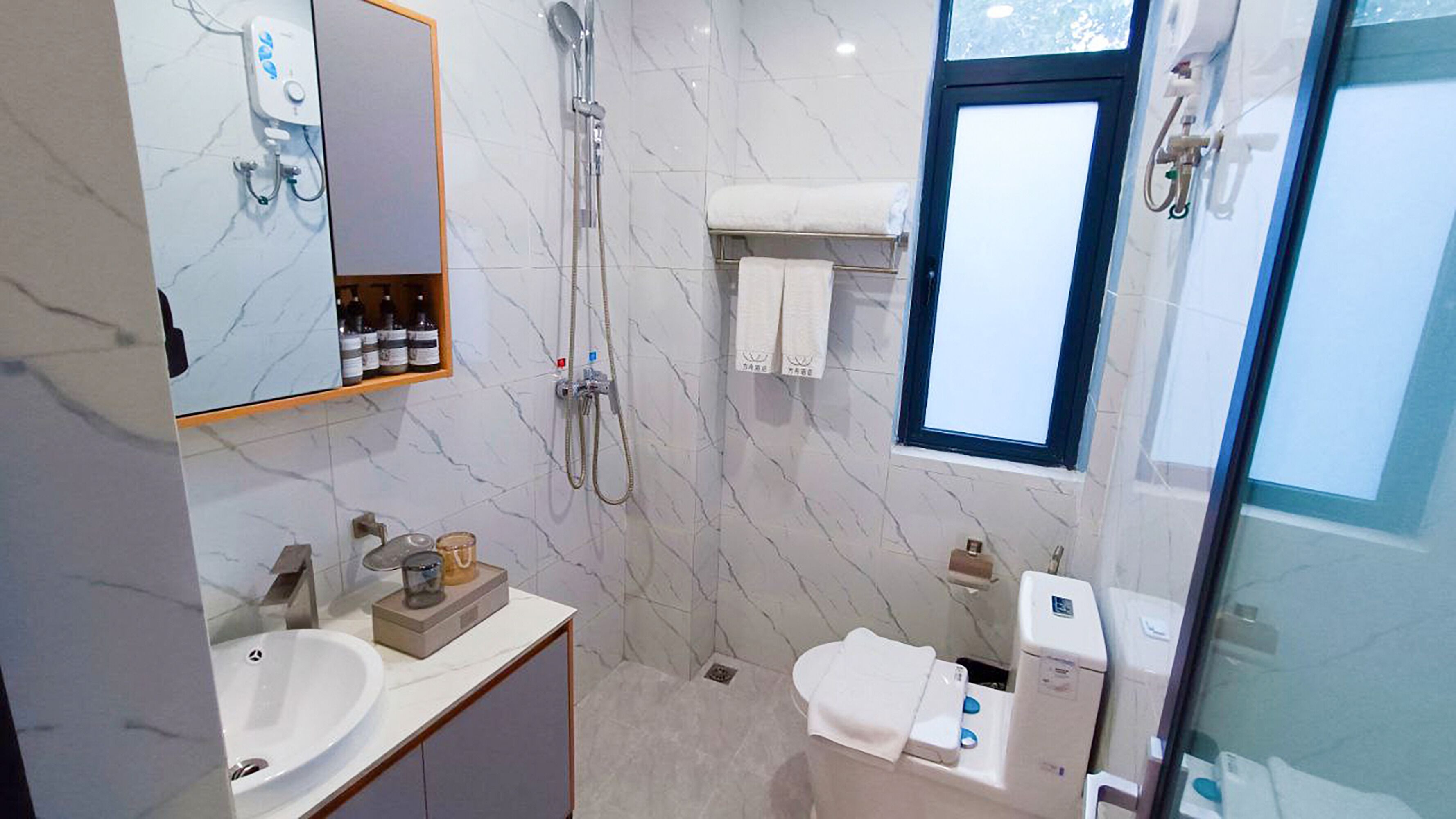 shower, rainfall showerhead, hair dryer, bathrobes