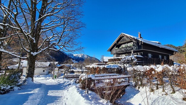 A wooden building with a sloped roof, surrounded by snow-covered trees and a clear blue sky.