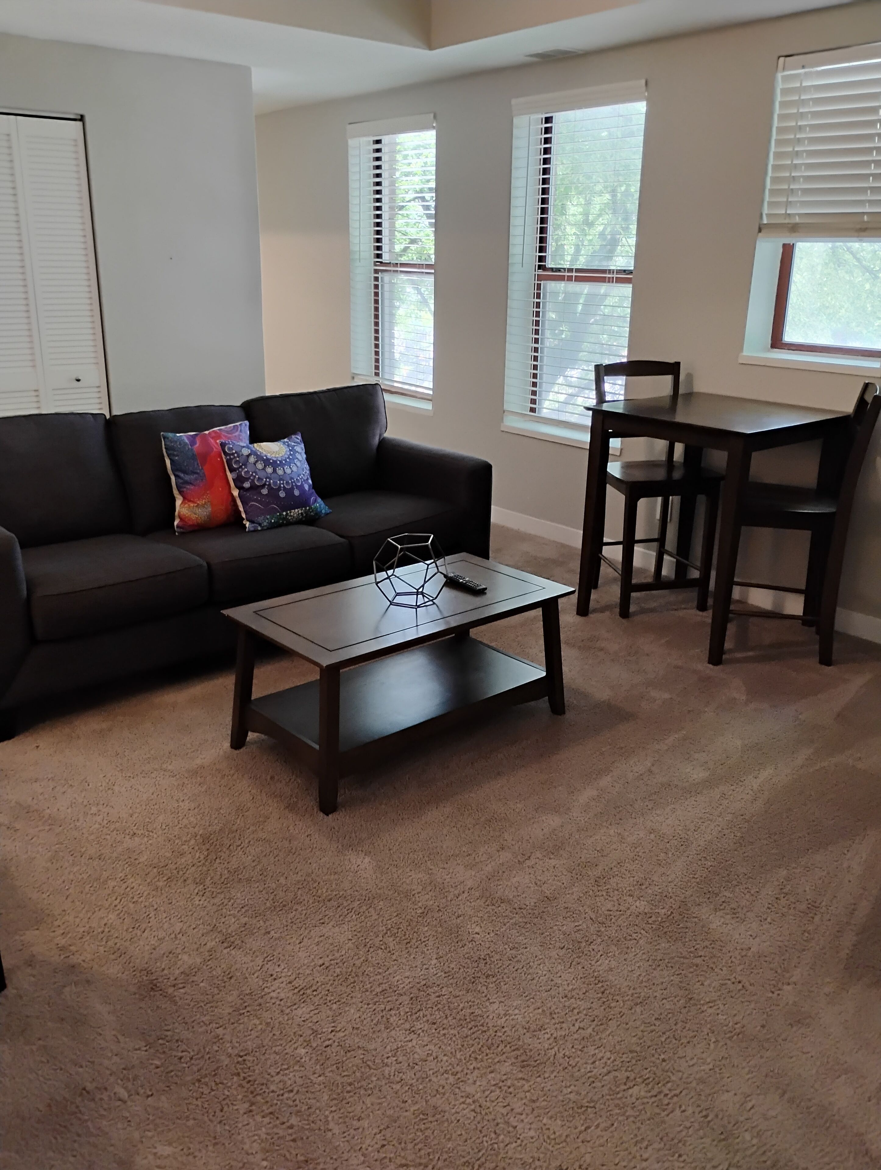 A living room with a dark brown sofa, a matching coffee table, and a wooden dining table with chairs. There are windows with blinds, a door, and a carpeted floor.