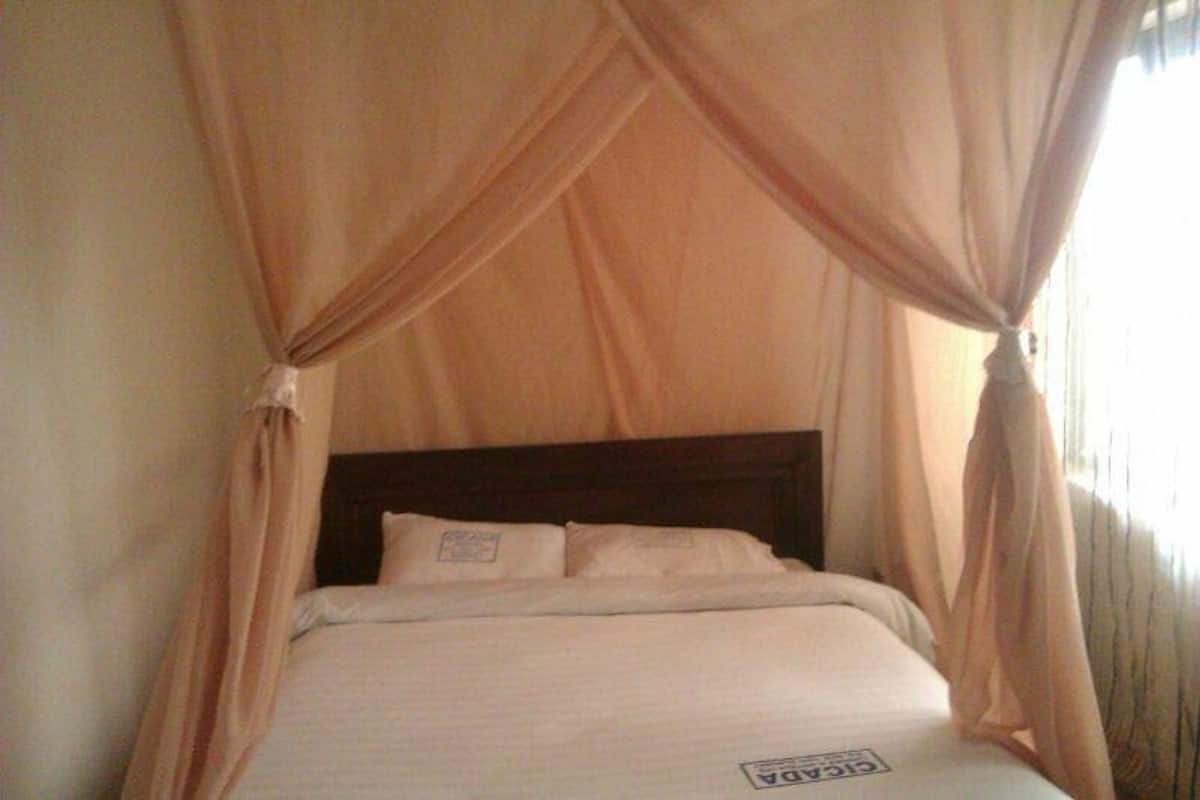 A bed with a canopy, a wooden headboard, and a pillow with a tag.