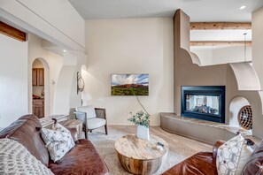 Télévision, cheminée, chaîne hi-fi