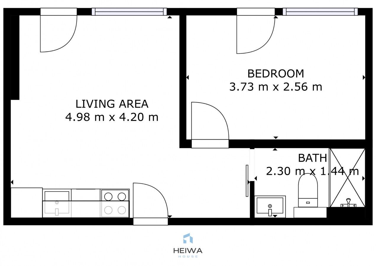Plano de planta de una casa que muestra una sala de estar de 4,98 m x 4,20 m, un dormitorio de 3,73 m x 2,56 m y un baño de 2,30 m x 1,44 m.