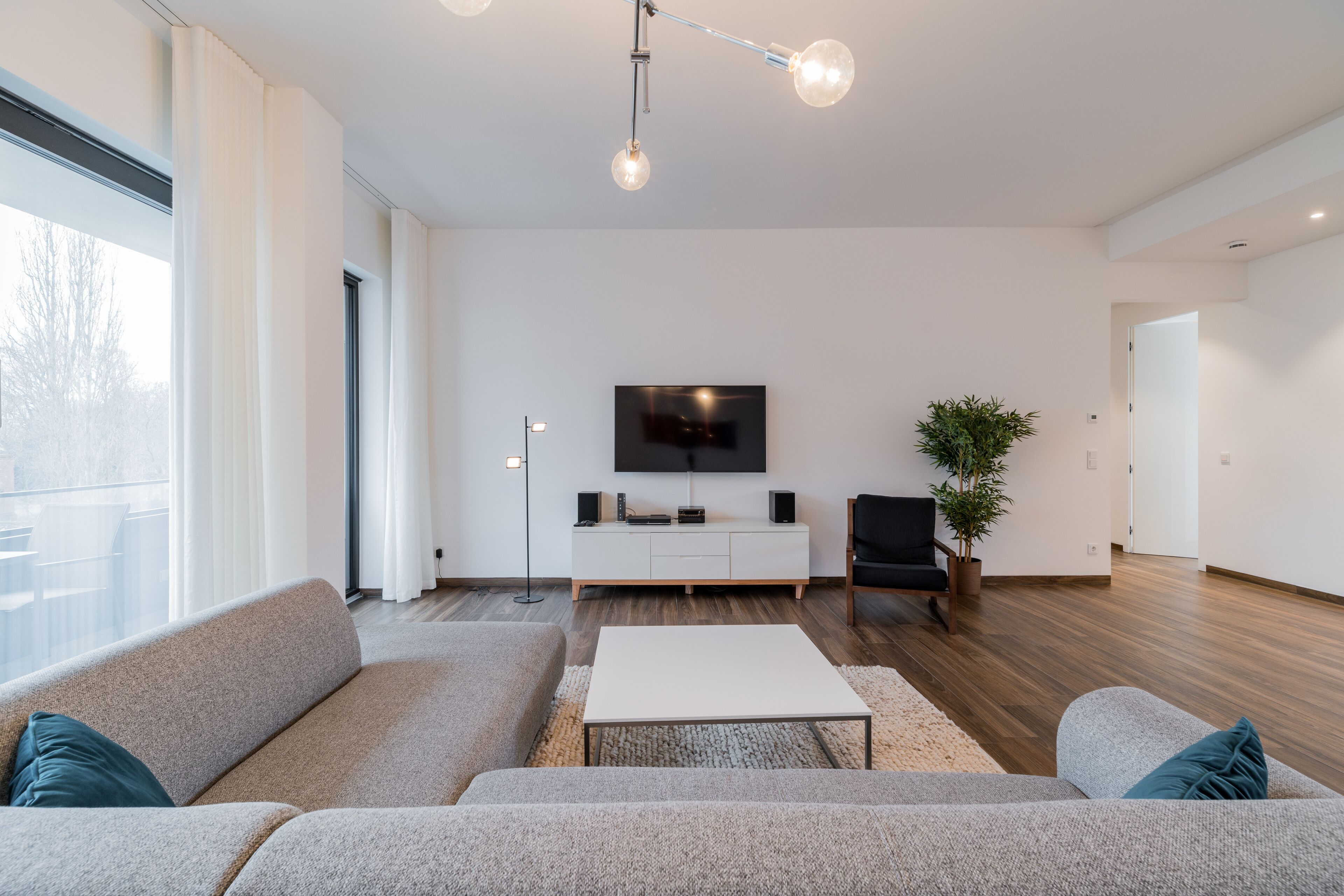A modern living room with a sofa, a coffee table, a TV, and a plant.