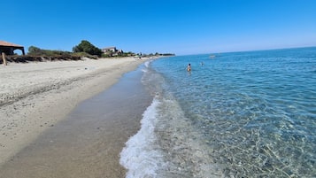 On the beach, sun loungers