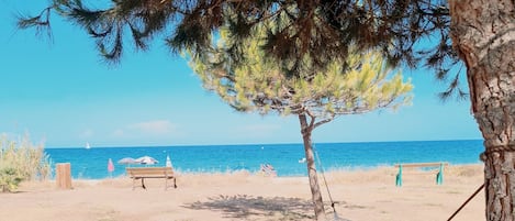 Plage, chaises longues