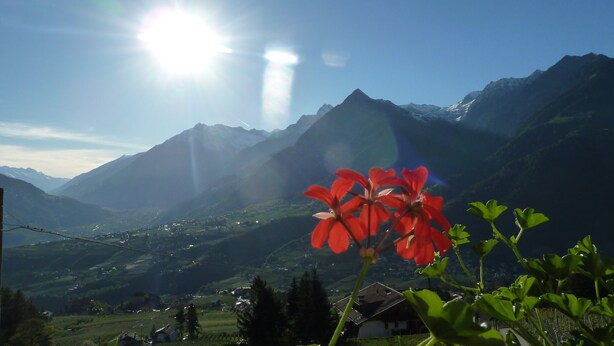 Un paysage de montagne avec une maison dans la vallée, un ciel dégagé et un ensoleillement lumineux.