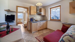 A compact living space with a kitchenette, a dining area, a TV, and a window with a view. - Apartment 'Roath Hof 3' with Mountain View, Shared Garden and Wi-Fi (Schenna)