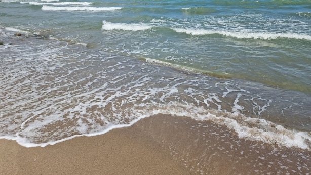 Una platja amb ones que brollen suaument a la riba.