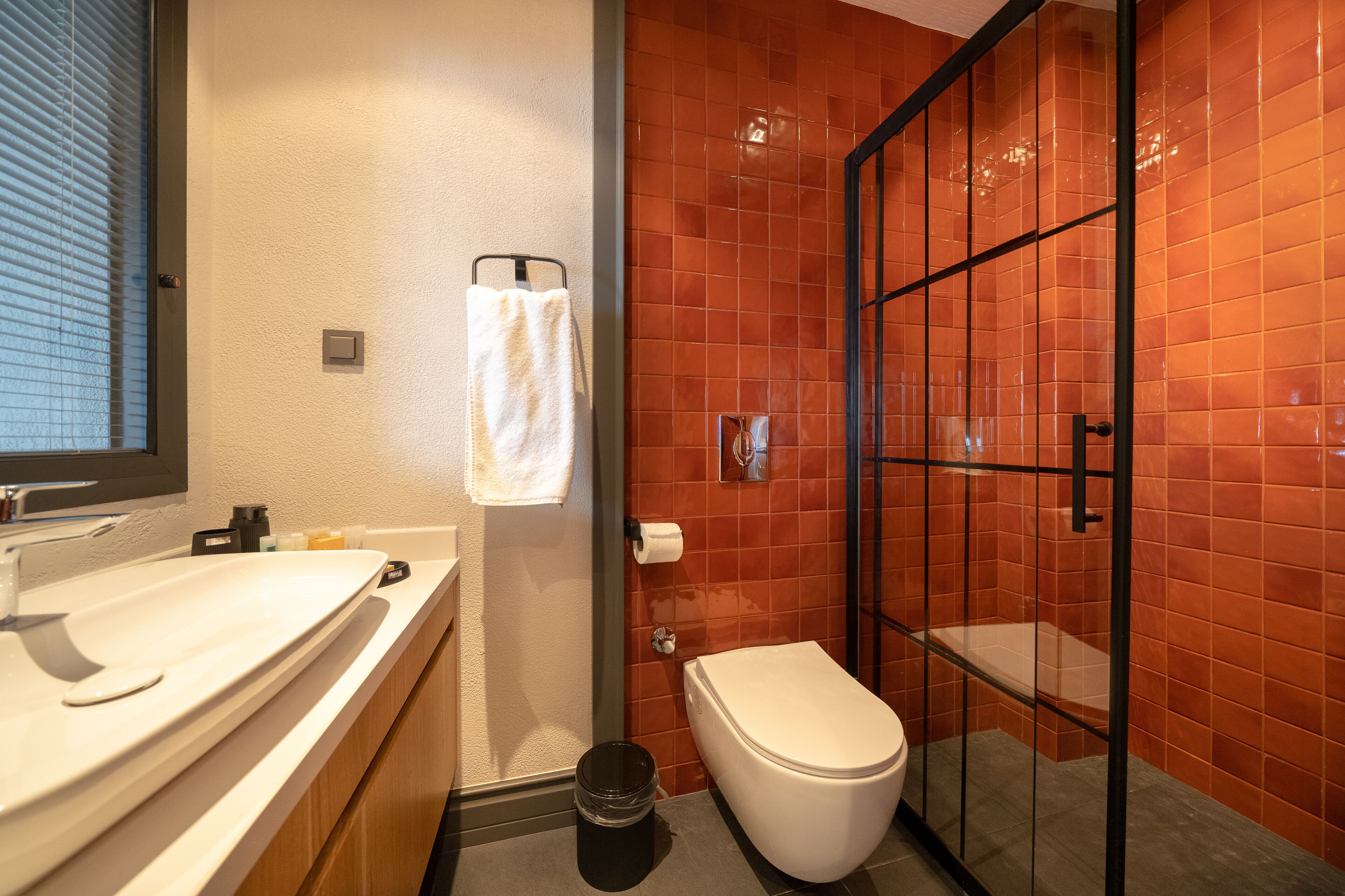 A bathroom with a white sink, toilet, and glass-enclosed shower.