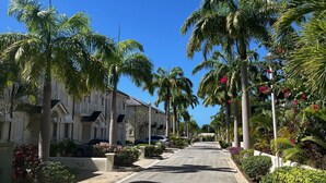 A residential street lined with palm trees and houses. - Blue Horizon Battaleys Mews - Beautiful villa 5 minutes stroll to Mullins beach (Mullins)