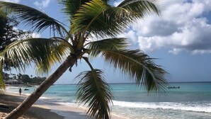 A beach with a palm tree, clear blue water, and a boat in the distance. - Blue Horizon Battaleys Mews - Beautiful villa 5 minutes stroll to Mullins beach (Mullins)