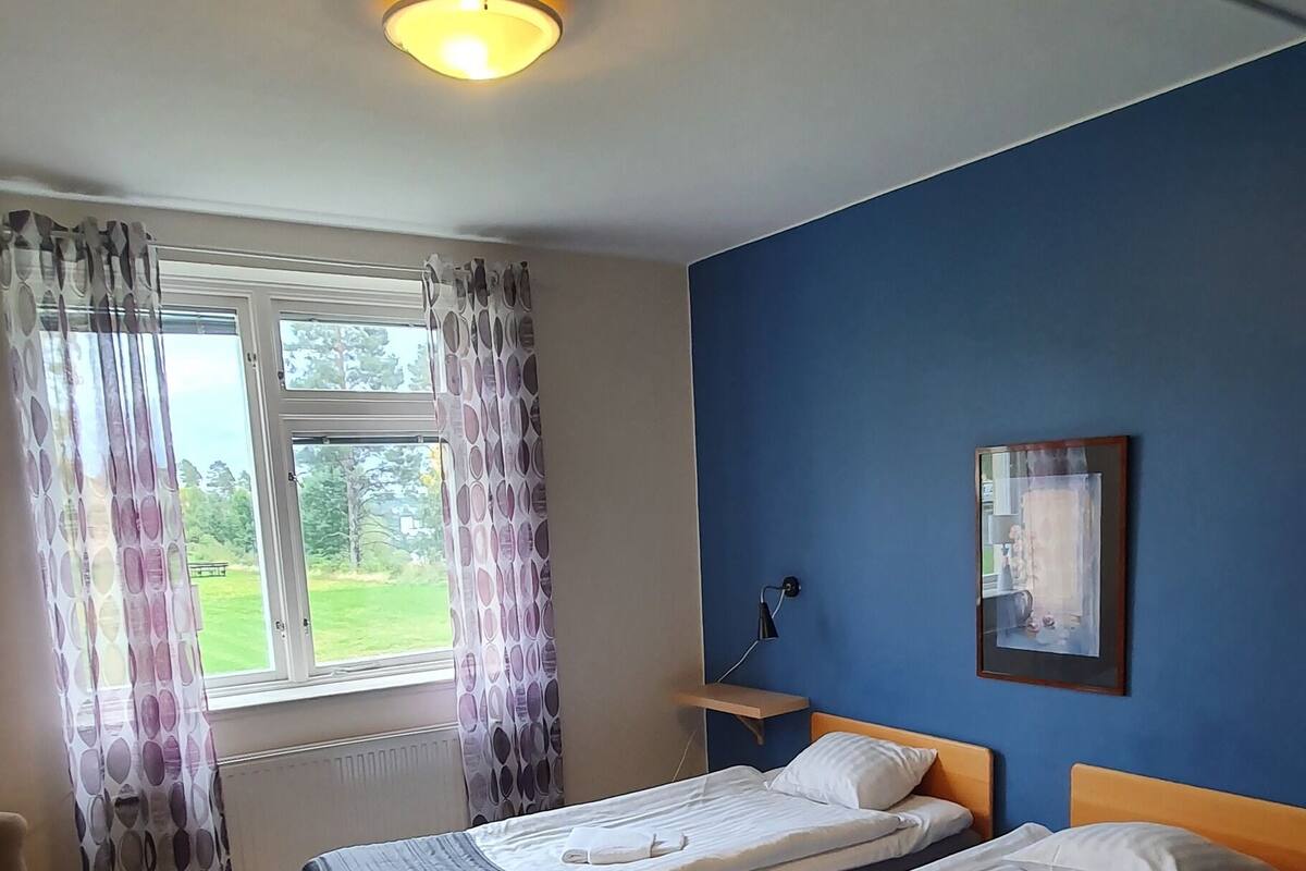 A room with two beds, a window with curtains, a ceiling light, and a framed picture on the wall.