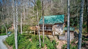 Une cabane avec un toit végétalisé, une terrasse en bois et un petit porche.