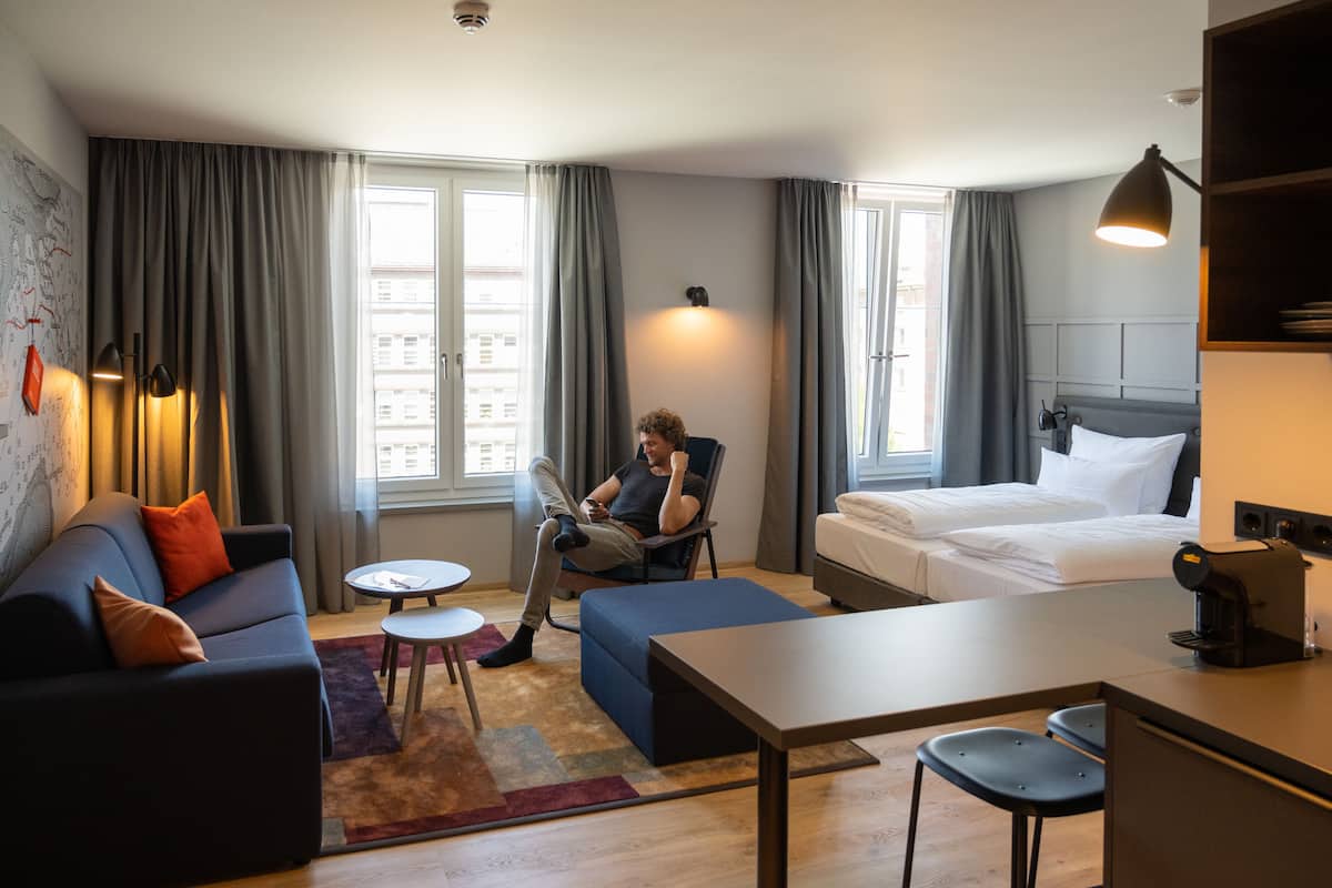 studio (captain plus) | premium bedding, laptop workspace, soundproofing, travel cot