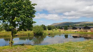 A lakeside view with a row of cabins and a tree in the foreground. - Beautiful 2-bed Lodge Ribble Valley Clitheroe (Clitheroe)