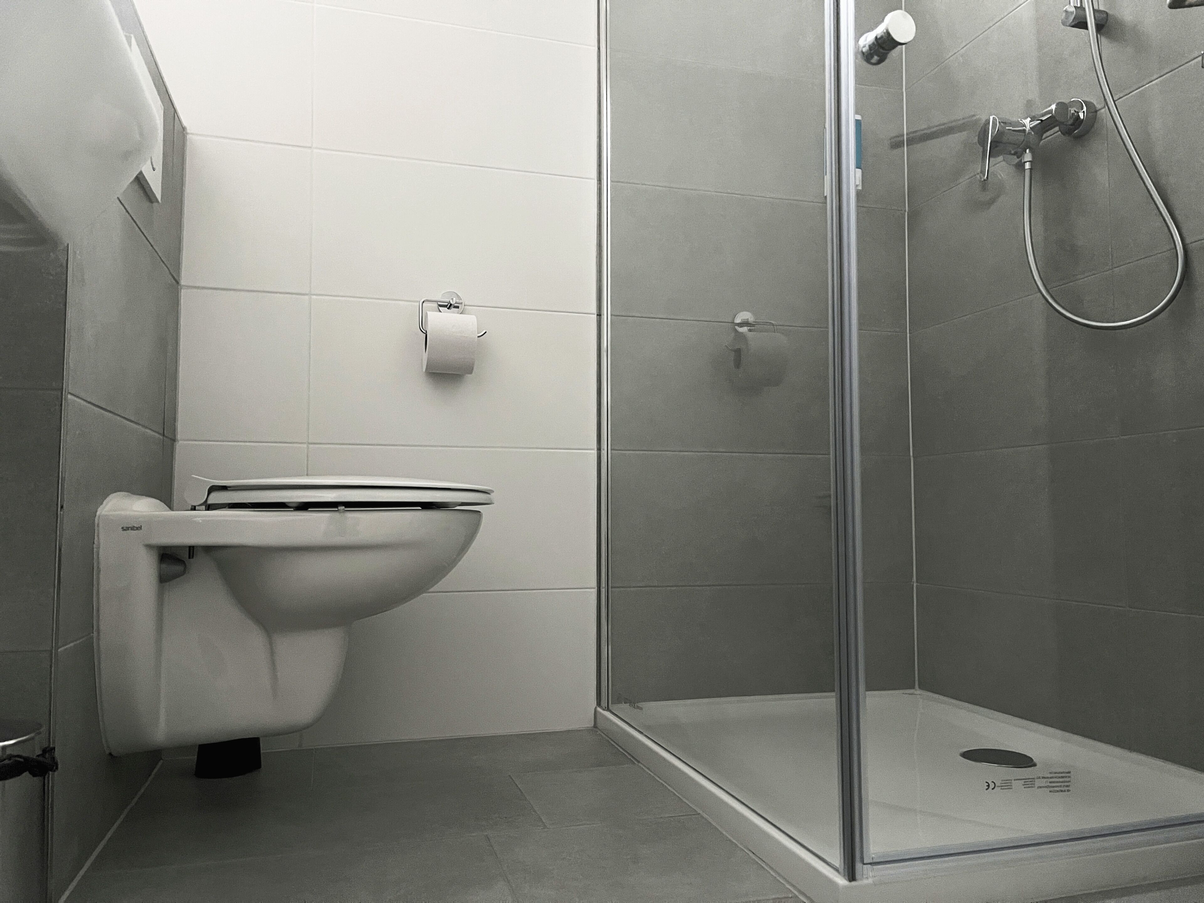 A modern bathroom with a toilet, a shower enclosure, and a toilet paper holder.