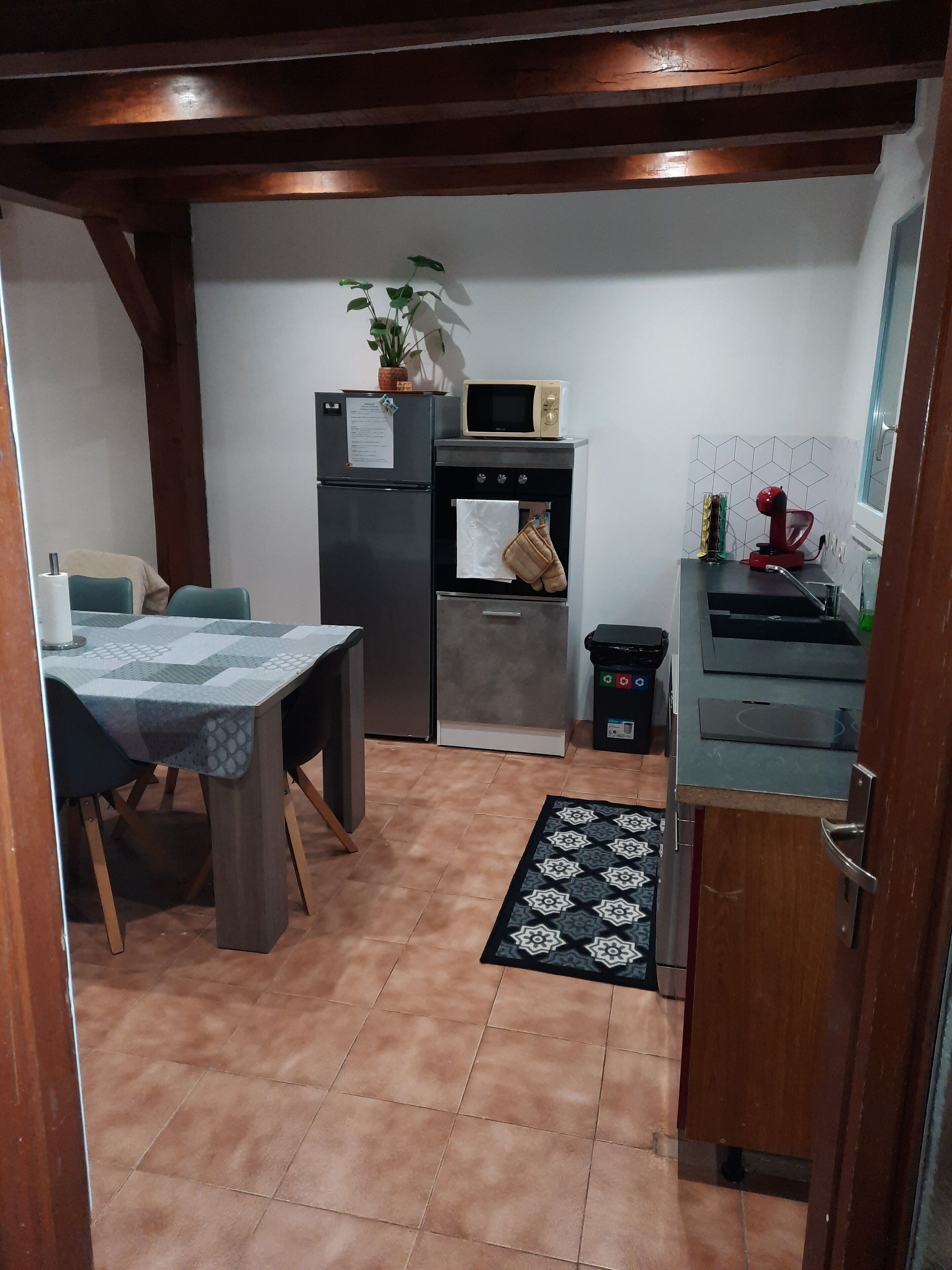 Uma cozinha compacta com geladeira, micro-ondas, forno e pia. Há uma mesa de jantar com cadeiras e um tapete estampado no chão.