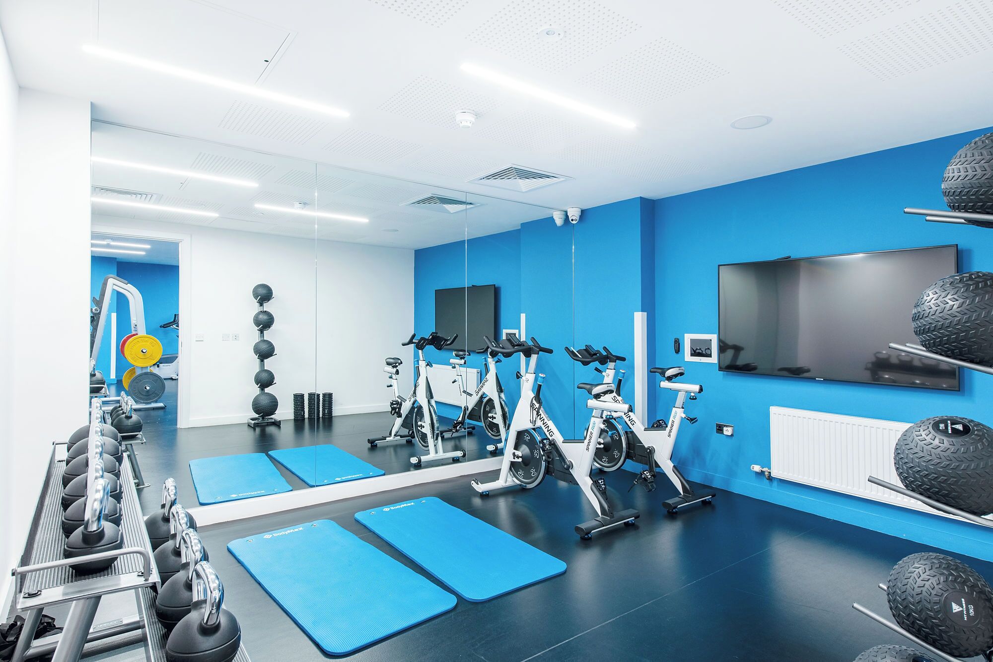 A modern gym with exercise bikes, weights, and a TV on the wall.