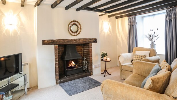 A living room with a fireplace, a sofa, a television, and a window with curtains. - Bwthyn Dwyfor (Beaumaris)