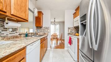 Microwave, dishwasher, coffee/tea maker, cookware/dishes/utensils