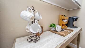 Microwave, coffee/tea maker, cookware/dishes/utensils