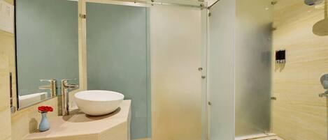 A modern bathroom with a glass-enclosed shower, a white sink, and a mirror above it.