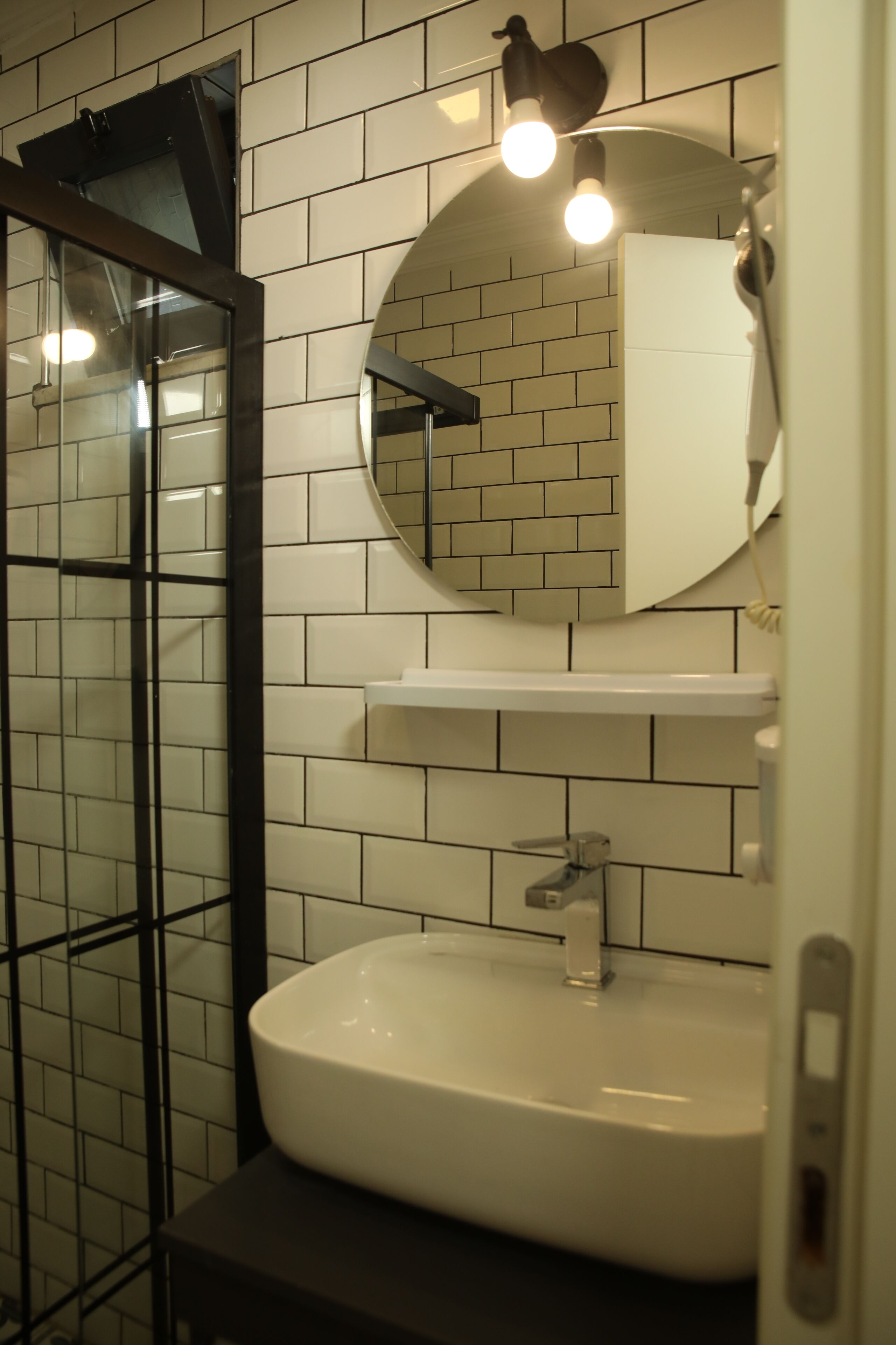 shower, rainfall showerhead, hair dryer, slippers