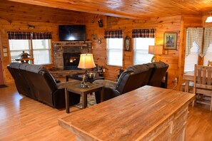 Smart TV, fireplace, foosball