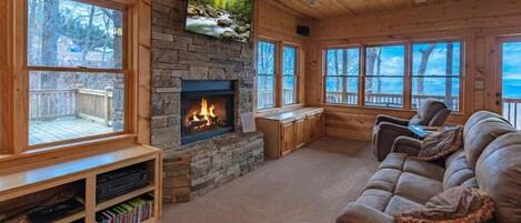 TV connectée, cheminée, lecteur de DVD