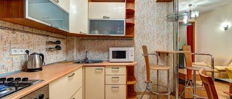 Fridge, microwave, oven, electric kettle