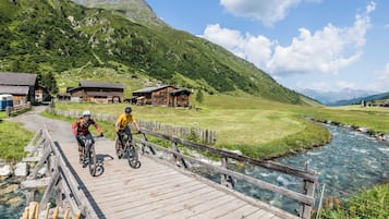Eine Holzbrücke über einem klaren Bach mit Blick auf die Berge, umgeben von grünen Feldern und ländlichen Gebäuden.