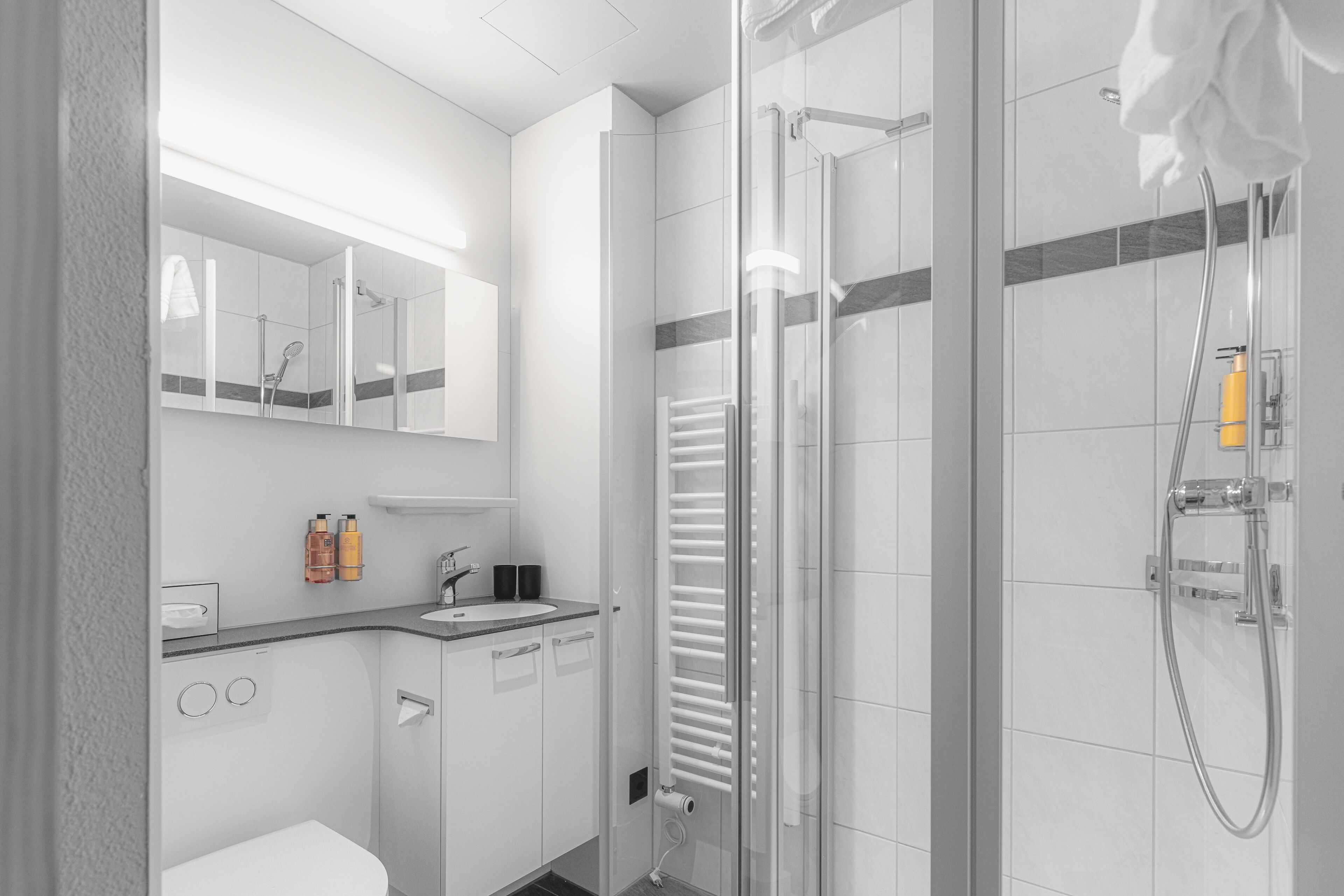 Une salle de bain moderne avec une douche à parois de verre, des toilettes, un lavabo avec un miroir et un porte-serviettes.