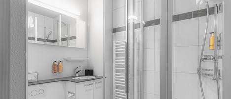 A modern bathroom with a glass shower enclosure, a toilet, a sink with a mirror, and a towel rack.