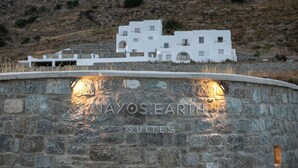 Un muro de piedra con el texto "NAYOSEARTH SUITES" iluminado por luces.