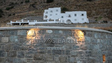 Un muro de piedra con el texto "NAYOSEARTH SUITES" iluminado por luces.