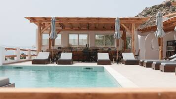 Seasonal outdoor pool, open 8:00 AM to 9:00 PM, pool umbrellas