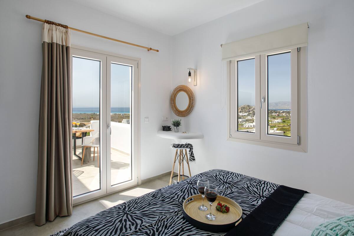 A bedroom with a bed, a window with a view, a small table with a plant, and a curtain.