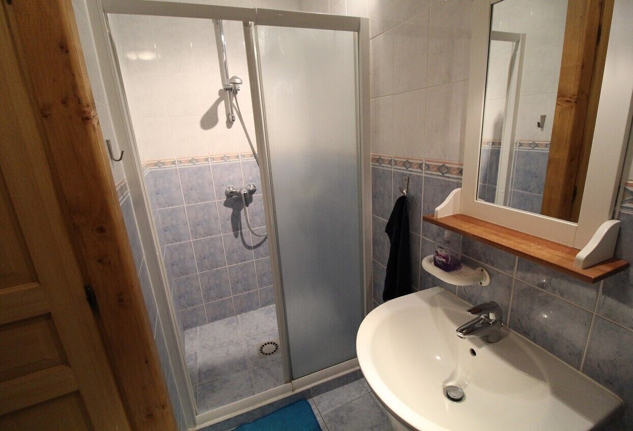 A bathroom with a glass-enclosed shower, a white sink, and a mirror above it.