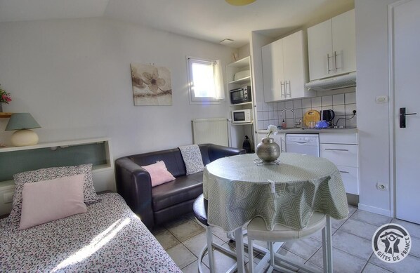 A compact living space with a sofa, a dining table, a kitchen area with cabinets and appliances, and a small window.