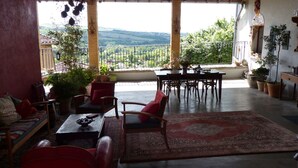 Une vaste terrasse dotée d’une table et de chaises, entourée de plantes en pot et offrant une vue sur la campagne.