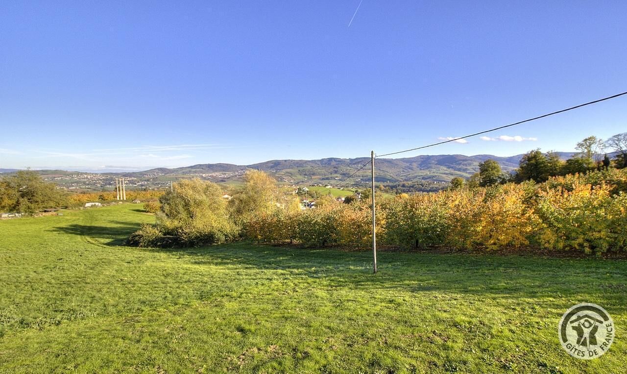 A grassy field with a clear view of distant hills and a power line.