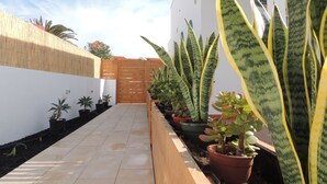 A narrow pathway flanked by potted plants and a bamboo fence, leading to a building with a blue roof and white walls. - Cozy Villa by MAHBO (A) (Corralejo)